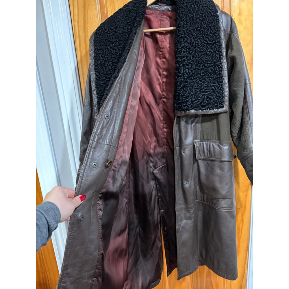 Stanley Korshak Brown Leather Coat Faux Astrakhan Collar Belted Vintage — image 4 of 8